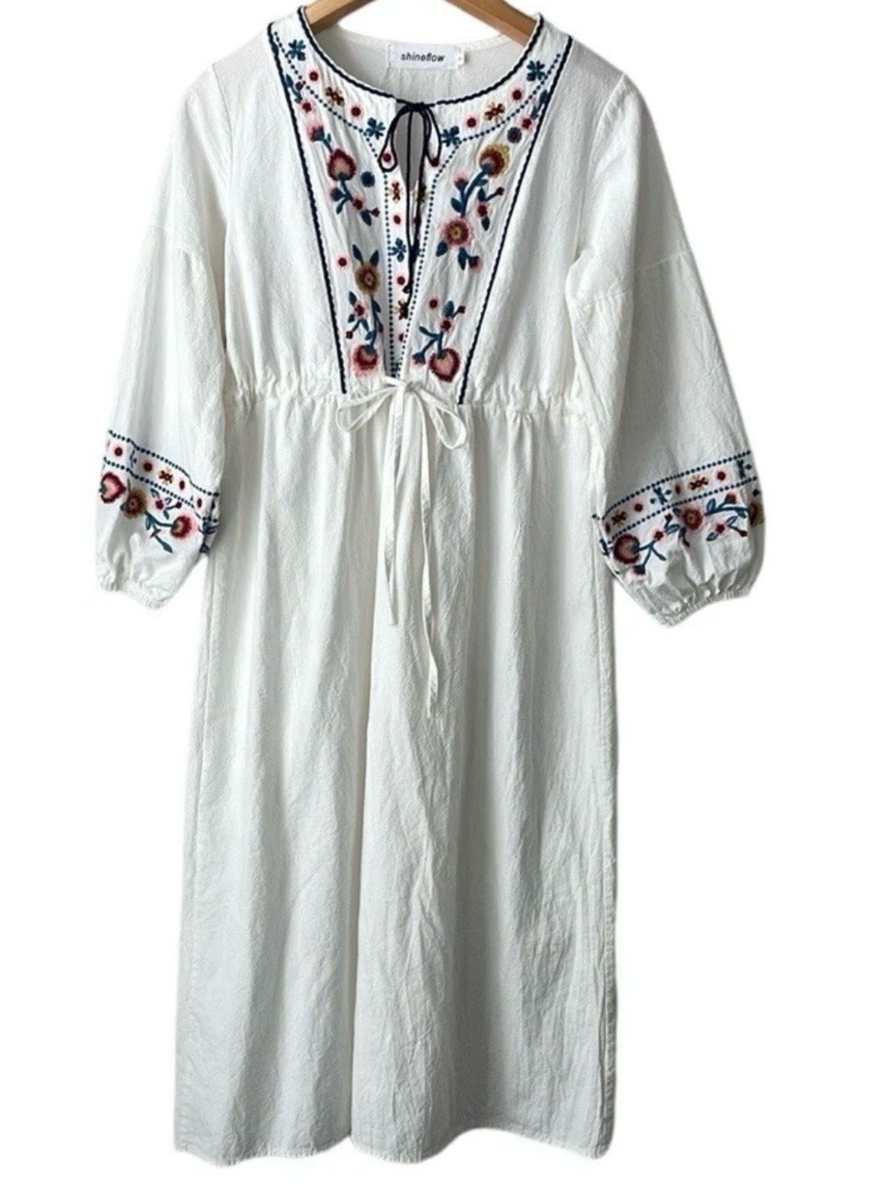 Shineflow Floral Embroidered Off White Peasant Dress with Tie Waist Size S